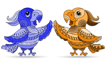 Set of stained glass elements with funny cartoon parakeets , isolated images on white background, tone blue and brown