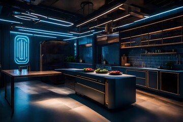 luxurious kitchen cabinet design  decorated table and cair with multicolor glowing lights  with...