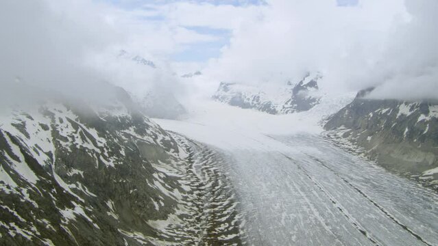 Great Aletsch Glacier in the Bernese Alps in the Swiss canton of Valais, Switzerland, Aerial