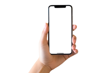 Female hands raising mobile phone on transparent background,generative ai