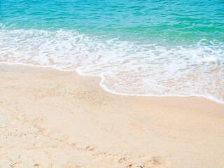 Travel Sea Nature Concept, Shore Sand Water Blue Ocean blur Background, View Calm Texture Wave Surface Beach with Horizon, Island Beautiful Landscape for Card Tourism Holidays Vacation Relax Tropical.