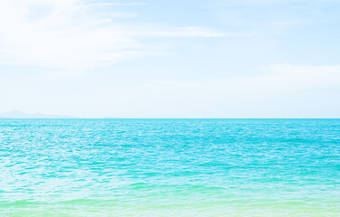 Travel Sea Nature Concept, Shore Water Blue Ocean White Cloud Sky Background, View Calm Texture Wave Surface Beach with Horizon, Island Beautiful Landscape for Card Tourism Holiday Vacation Relax.