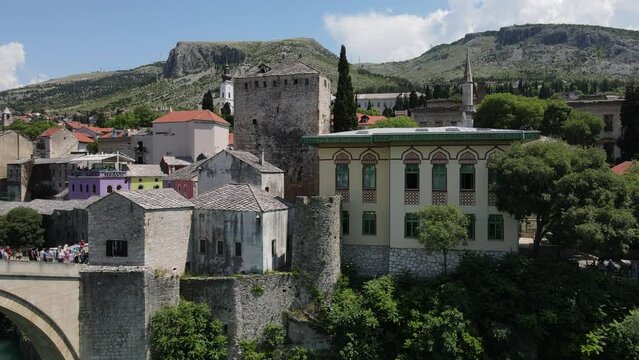 Aerial drone view Ottoman architecture of Mostar is a beautiful city in Europe, historical mostar bridge view