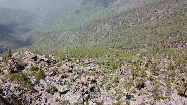 Drone view flying off the summit of Pico Duarte in the central mountain range in the Dominican Republic