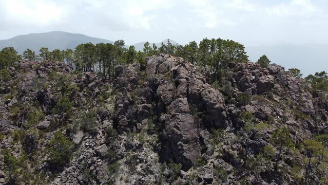 Aerial view of hikers on the summit of Pico Duarte in the central mountain range of the Dominican Republic