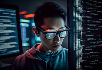 Asian software developer using virtual reality goggles to code new server interface, analyzing script information on terminal window. Coder programming it database for internet. Generative AI - obrazy, fototapety, plakaty