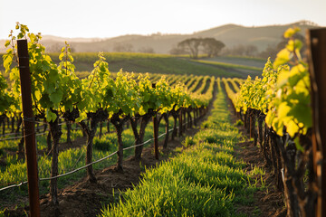 early stages of vine growth in vineyards with rows of vines set against a backdrop of rolling hills and a clear sky - Powered by Adobe