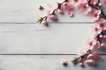 sping season pink flowers background on wooden tample - ai generated