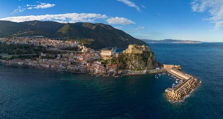 panorama drone landscape view of the seaside town of Scilla in Calabria - obrazy, fototapety, plakaty