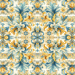 vintage watercolor seamless pattern yellow and blue Moroccan style tiles and elements. background for design, print, fabric or background.