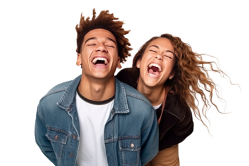 Two interracial best friends laughing and having a good time together on transparent background, generative ai.