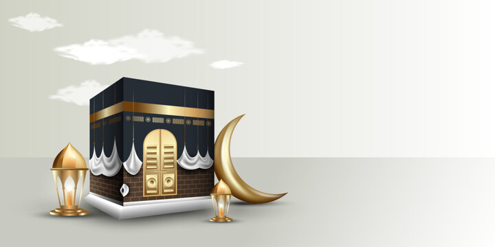 Realistic islamic pilgrimage vector illustration. Ramadan theme banner design elements.