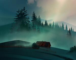 a painted colored landscape with fog and a cabin - 698884979