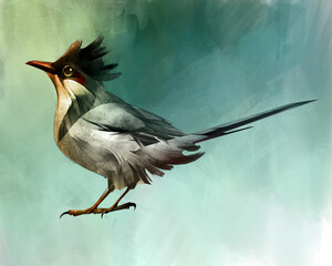 a graphic drawing of a small crested bird in color