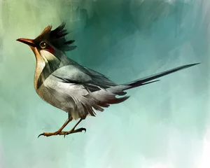 Fotobehang a graphic drawing of a small crested bird in color © khius