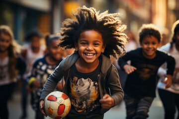 Happy smiling multinational preschool children playing soccer - Powered by Adobe