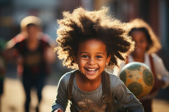 Happy Smiling Multinational Preschool Children Playing Soccer