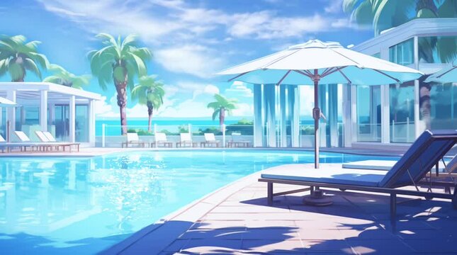 hotel swimming pool with umbrella and relaxing bench with sea view looping video animation anime background illustration