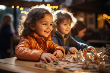 Close-up view of cute happy preschool girl sitting at desk in kindergarten