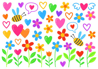 Cute childish funny colorful illustrations. Flowers, hearts, bees. A collection of simple cartoon pictures.