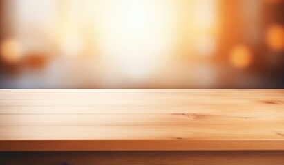 A simple wooden table with a blurred background, creating a dreamlike atmosphere. Generative AI.