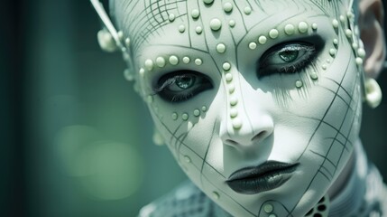 A futuristic cybergoth fashion model with white makeup and a mysterious gaze. Generative AI.