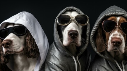 Three dogs wearing hoodies and sunglasses. Generative AI.
