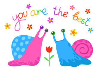 Couple of cute funny snails. Inscription 