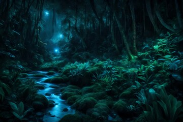 green forest with blue water stream going from the middle abstract background with scary sky in the forest abstract background  
