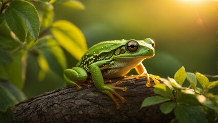 Fototapeta premium the frog is sitting on the branch of a tree and staring