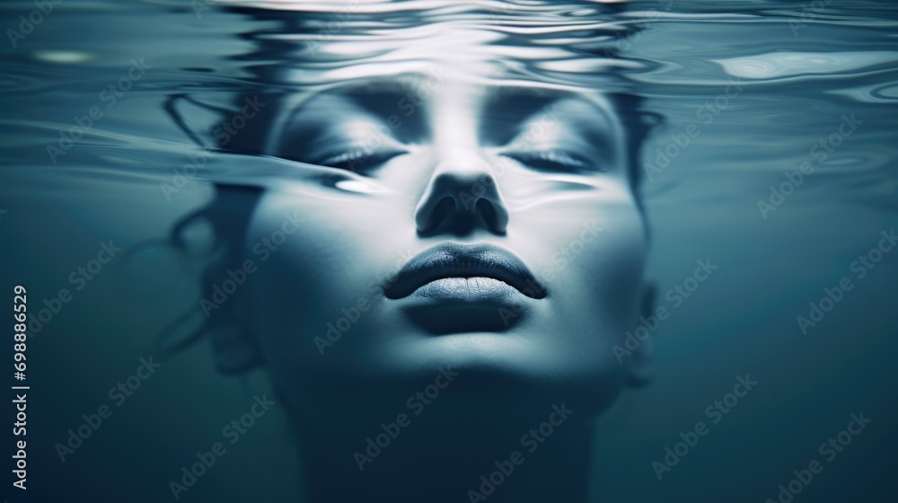 Canvas Prints A woman under water with her eyes closed. Generative AI.