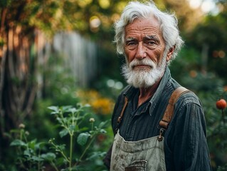 Organic Farming: Elderly Man Harvesting Fresh Vegetables and Fruits in Sunlit Garden, Sustainable Agriculture, Organic