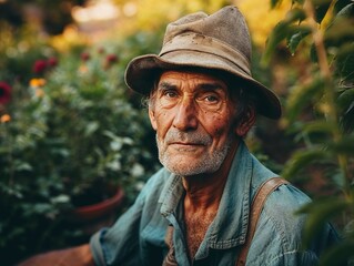 Organic Farming: Elderly Man Harvesting Fresh Vegetables and Fruits in Sunlit Garden, Sustainable Agriculture, Organic