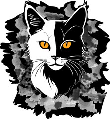 Head of Maine Coon Cat on a orange eyes and black white fur with abstract watercolor background. Graphic, artistic, hand-drawn vector illustration.