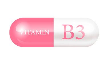 Capsule vitamin B3 isolated on cut out PNG (Thiamine) structure light pink, white. Vitamin complex with chemical formula. Drug business. Personal care, beauty concept. transparent pill.