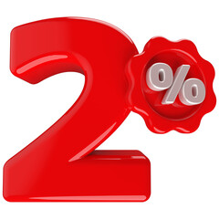 2 percentage off sale discount number red with label 3d render
