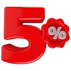 5 percentage off sale discount number red with label 3d render