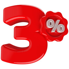 3 percentage off sale discount number red with label 3d render
