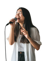 Young beautiful singer singing into mic isolated on transparent background