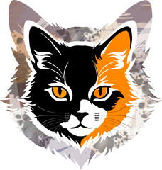 Obraz premium Portrait of head cute tabby kitten with black, orange and white haired on her head shape abstract watercolor background. Cute cat hand drawn. Vector illustration. 