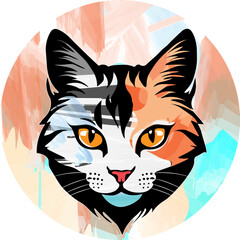 Cute head cat hand drawn with style watercolor with black, orange and white haired. Vector illustration on abstract watercolor background. 