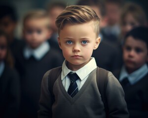 A young boy in a school uniform standing in front of a group of children. Generative AI.