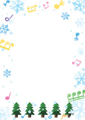 水色の雪の結晶とカラフルな音符ともみの木のフレーム・背景02_縦