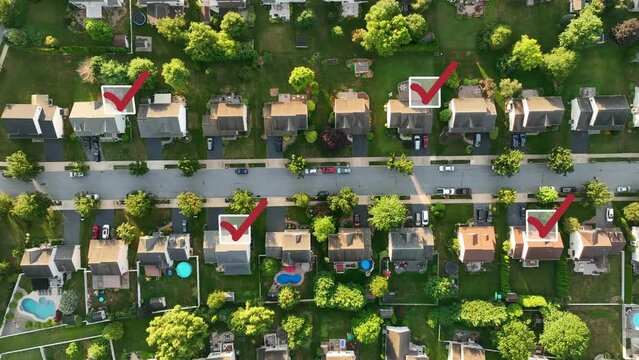 Residential neighborhood with checkmark animation for voting. Top down aerial view of United States of America suburb. Presidential election theme.