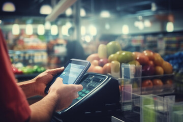 Person using smartphone to pay for groceries at self-checkout. Modern payment technology. - obrazy, fototapety, plakaty