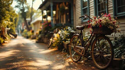 a tranquil residential setting bathed in warm sunlight, featuring a vintage bicycle adorned with a basket full of vibrant flowers, parked next to an old yet charming house surrounded by lush greenery.