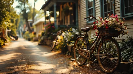 Papier Peint photo Vélo a tranquil residential setting bathed in warm sunlight, featuring a vintage bicycle adorned with a basket full of vibrant flowers, parked next to an old yet charming house surrounded by lush greenery.