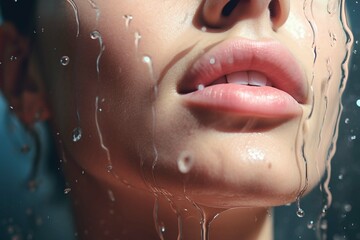 
Close up of a beautiful womans face with splashes of hyaluronic acid, hydrating skin care