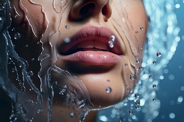 
Close up of a beautiful womans face with splashes of hyaluronic acid, hydrating skin care - obrazy, fototapety, plakaty