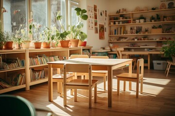 Cosy interior of a kindergarten room with woden table and chairs